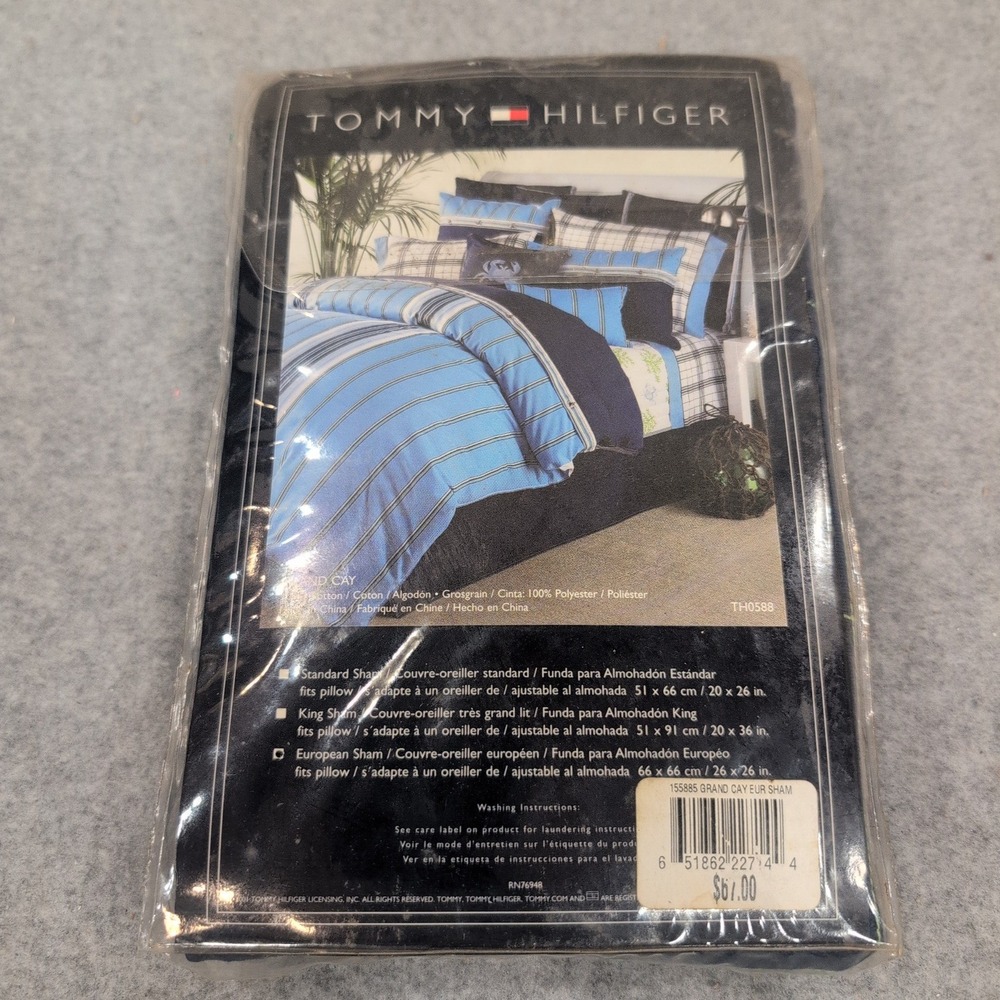 Tommy Hilfiger Grand Cay European Sham Navy Blue Lime Green Windowpane NOS - Picture 2 of 3